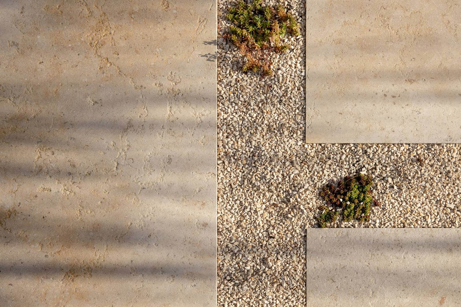 Dallage en pierre naturelle claire contrastant avec une allée centrale de gravier beige et des touffes de sedum.