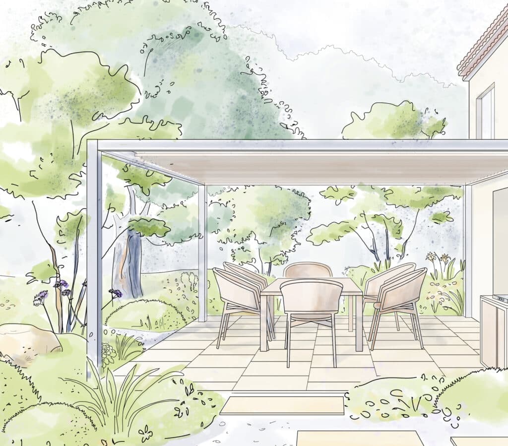 Croquis : Aménagement de Terrasse et Design de Jardin Moderne. Croquis de jardin et terrasse couverte. Mobilier extérieur beige sous une pergola moderne, avec un aménagement paysager luxuriant et boisé.