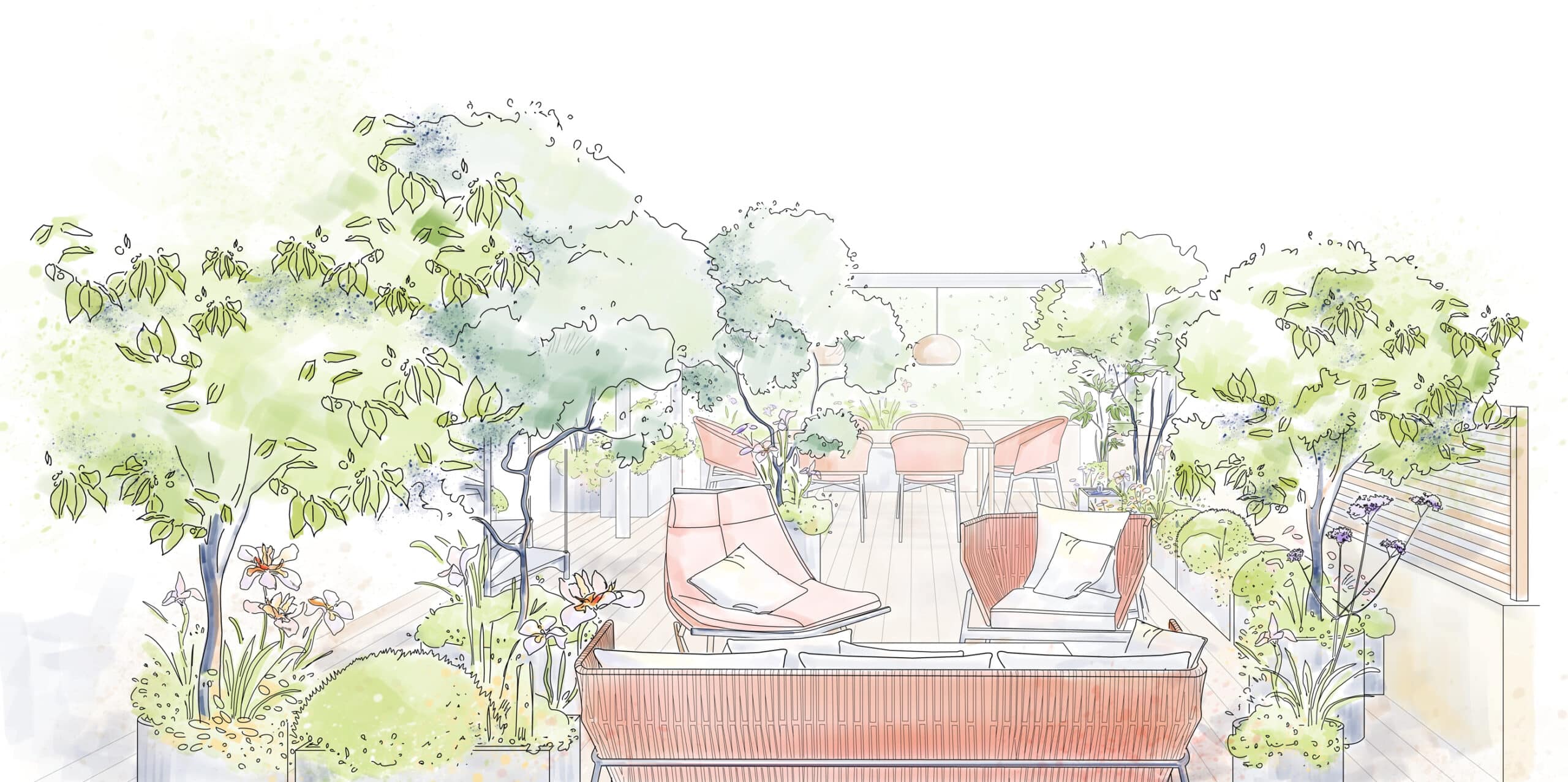 Croquis aquarelle d'une terrasse jardin urbaine aménagée. Mobilier lounge moderne couleur terracotta, arbres en pots et fleurs pastel.