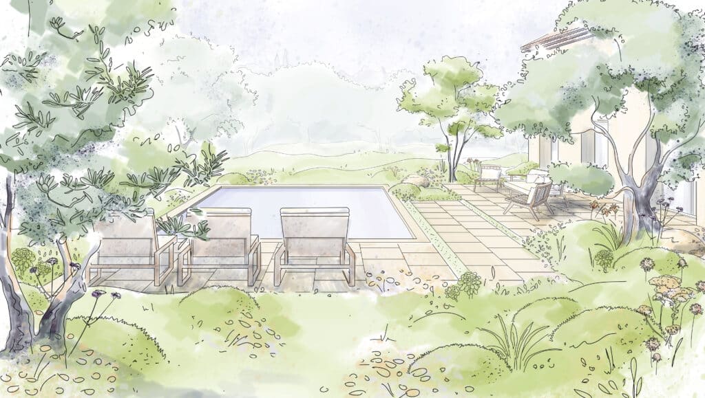 Croquis d'aménagement paysager montrant un jardin méditerranéen avec piscine rectangulaire, patio dallé, et trois transats. Lumière douce.