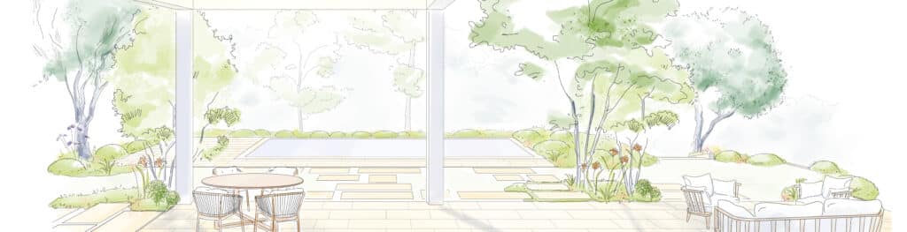 Croquis aquarelle d'une terrasse avec piscine, mobilier de jardin et arbres verdoyants pour un espace serein.