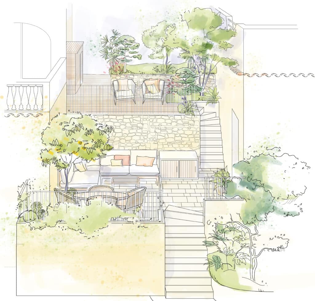 Croquis aquarelle d'une terrasse à paliers meublée avec jardin luxuriant et murs de pierre traditionnels.